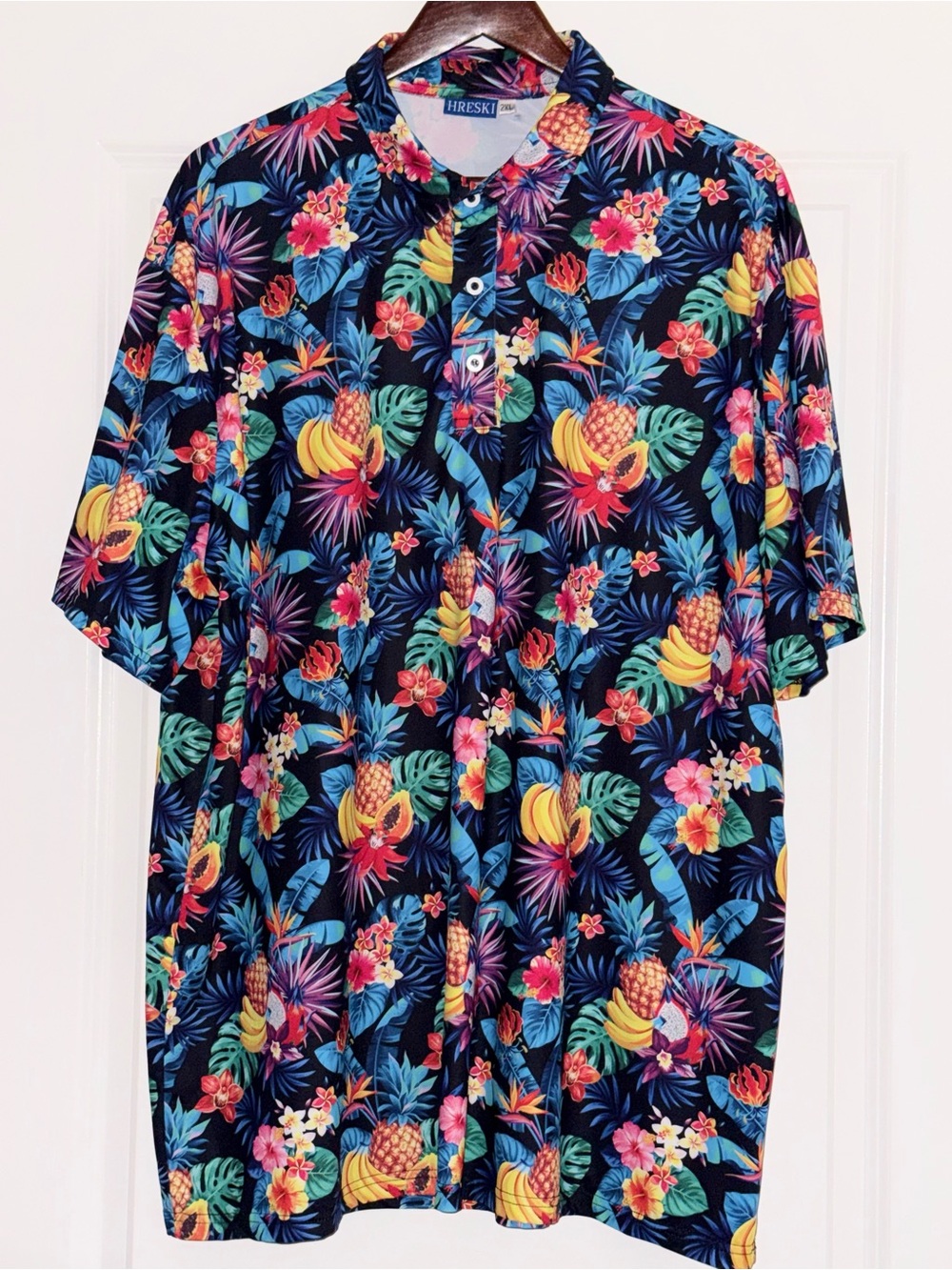 Hreski Mens XXL Multicolor Tropical Fruit Floral Golf Performance Stretch Shirt